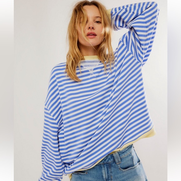 We The Free Tops - We the Free Classic Striped Oversized Crew Neck ~ Cobalt Combo